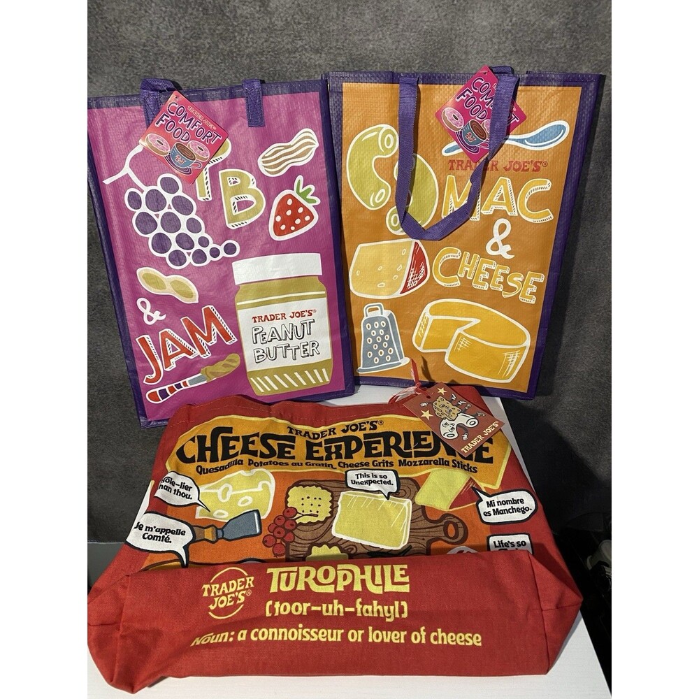 Trader Joe’s Reusable Bags Lot (3) - Cheese & PB&J/Mac Designs